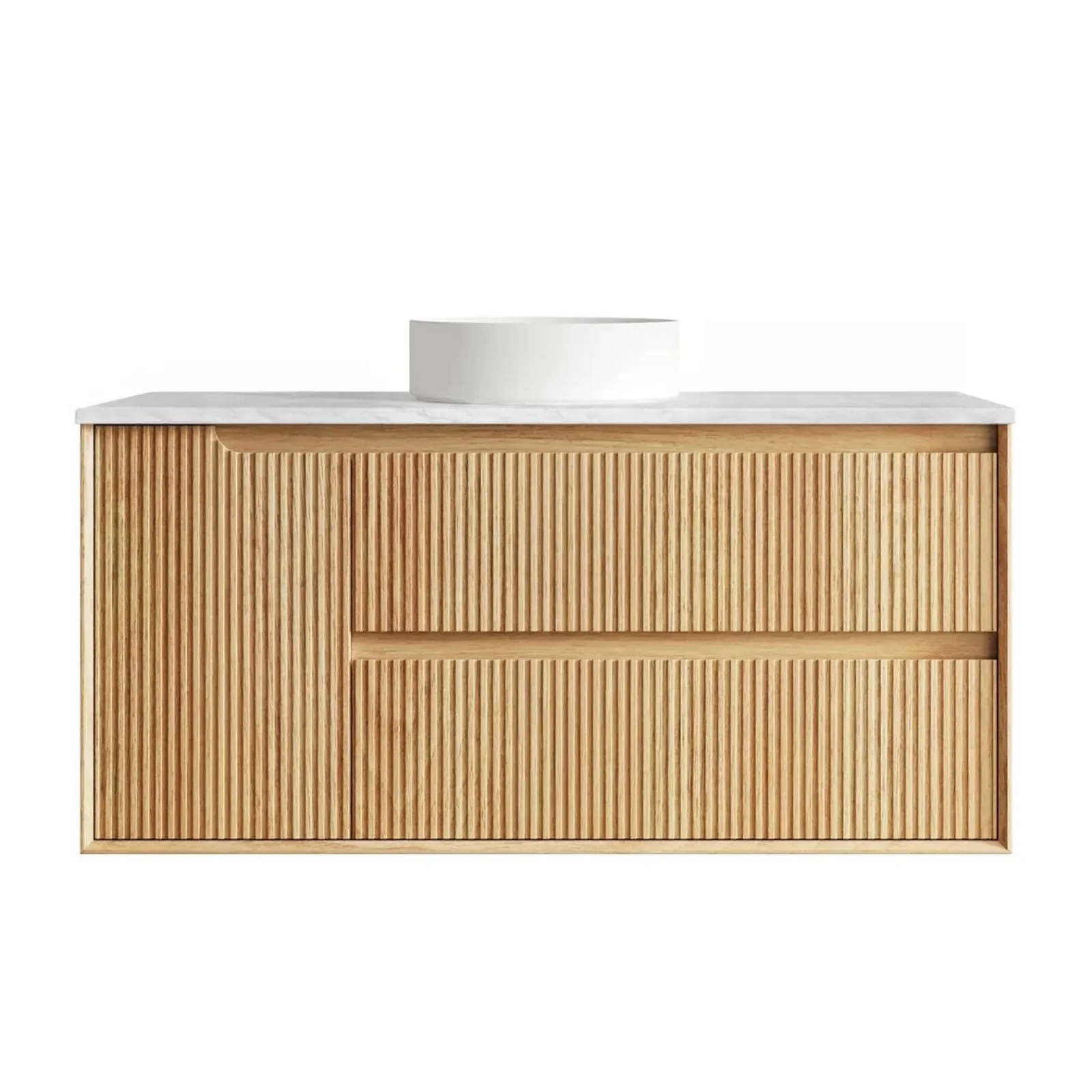 Otti Byron Fluted Woodland Oak Wall Hung Vanity with Cloudy Carrara Top - Image 4
