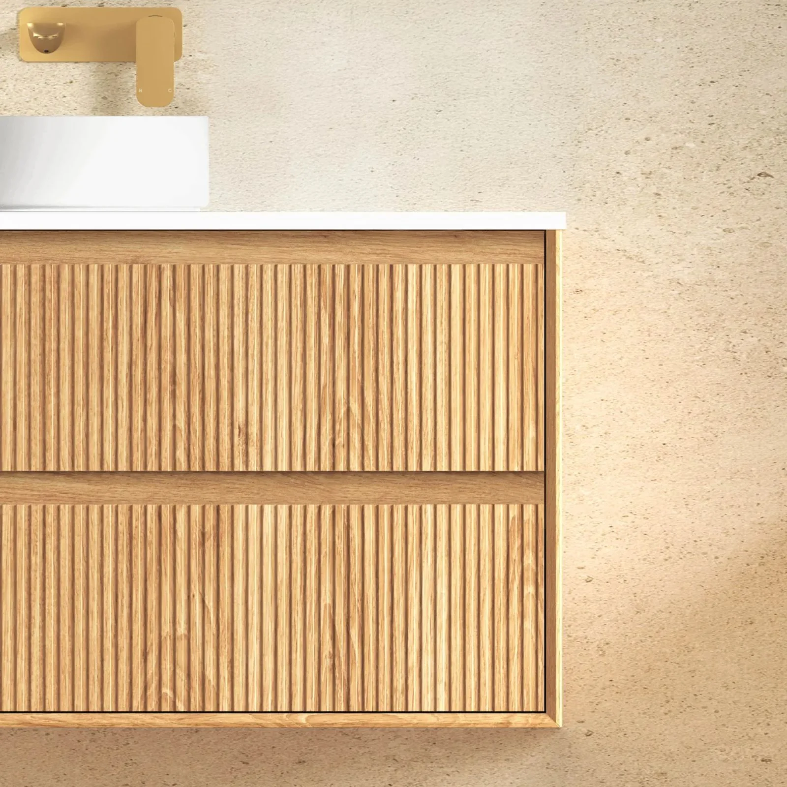 Otti Byron Fluted Woodland Oak Wall Hung Vanity with Matte White Top - Image 3