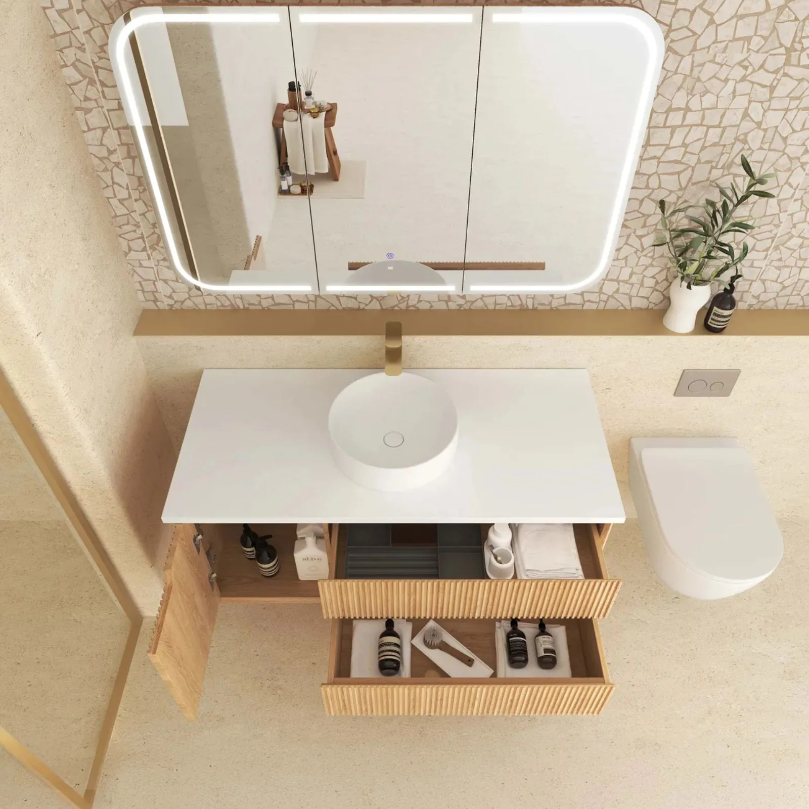 Otti Byron Fluted Woodland Oak Wall Hung Vanity with Matte White Top - Image 4