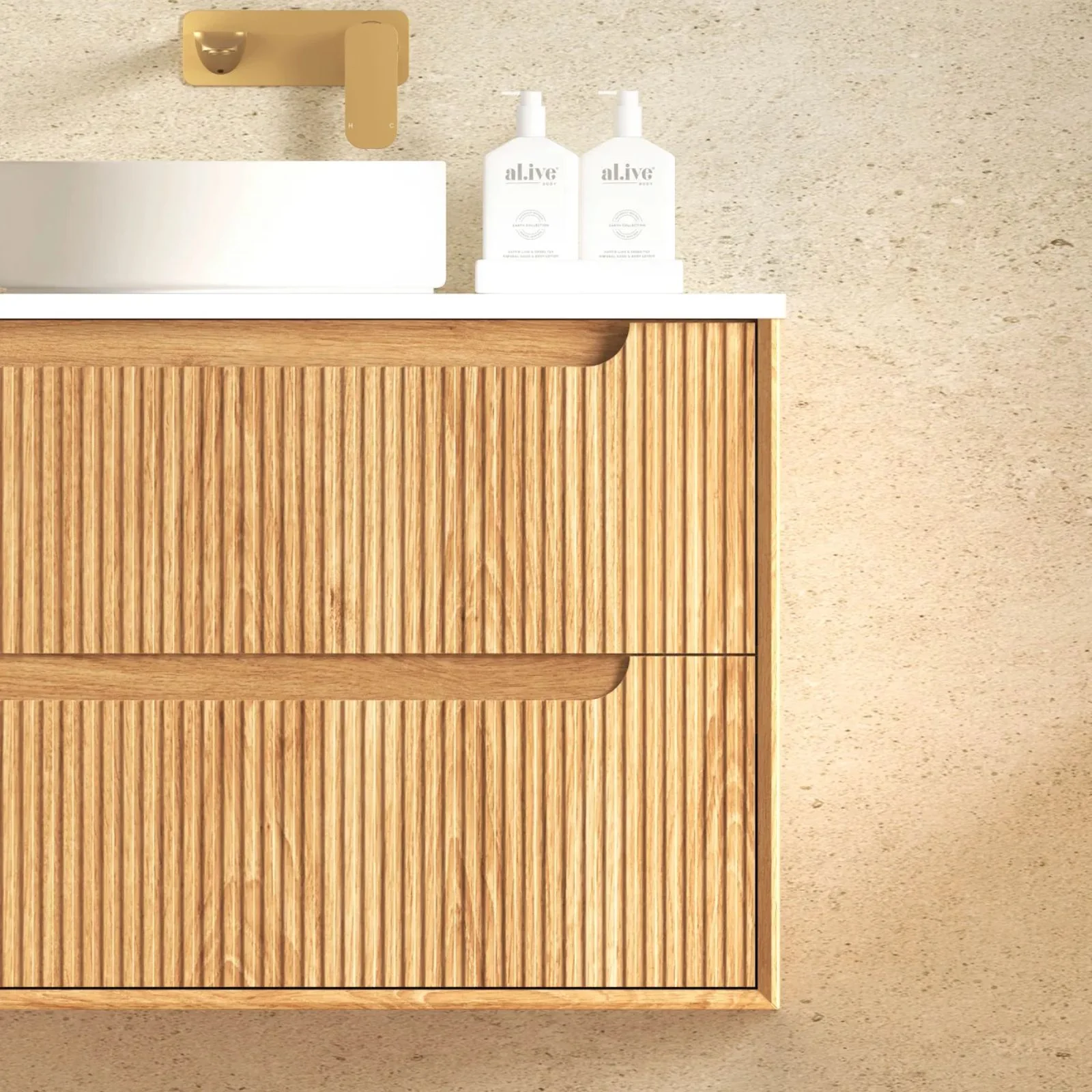 Otti Byron Fluted Woodland Oak Wall Hung Vanity with Pure White Top - Image 3