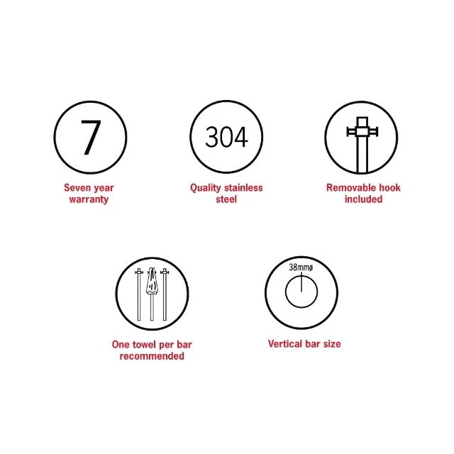 Thermogroup Thermorail Straight/Round Non-Heated Vertical Bar 900x142x100mm With Optional Hook - Brushed Stainless - Image 3